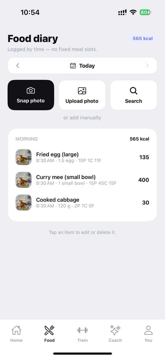 Food diary showing three items logged from one photo