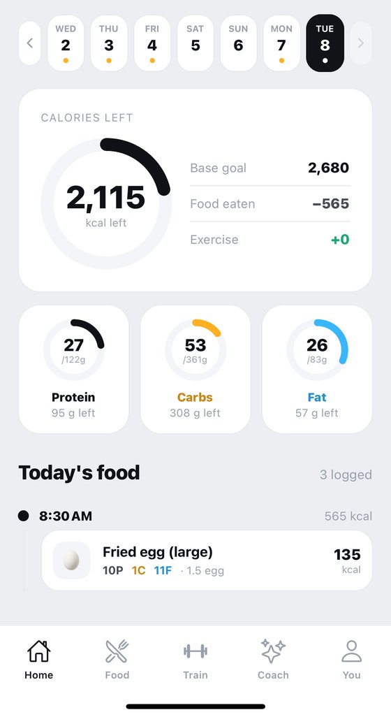 Home screen showing adaptive calorie and macro targets